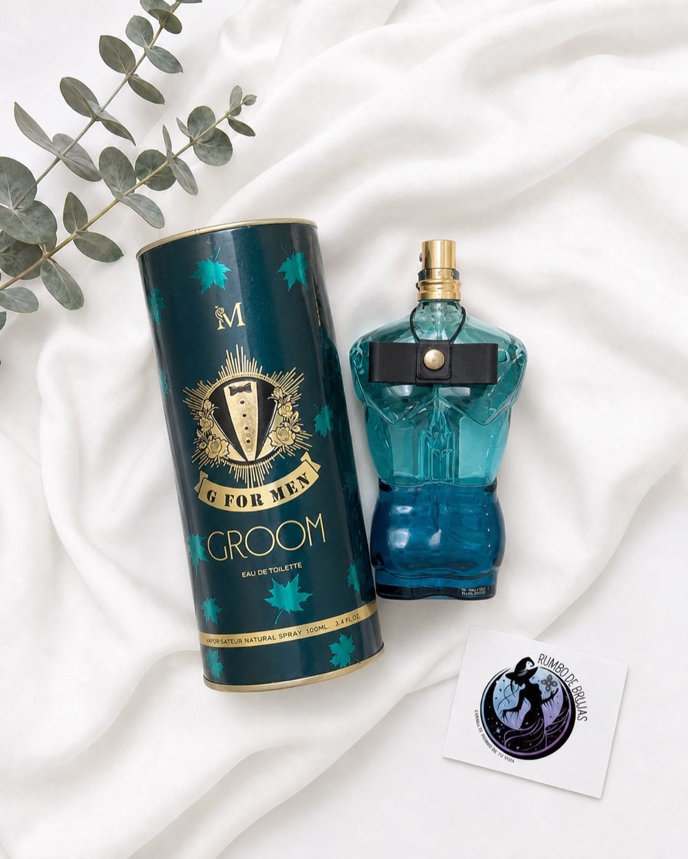 Eau de parfum verde «Groom» con frasco torso — Rumbo de Brujas