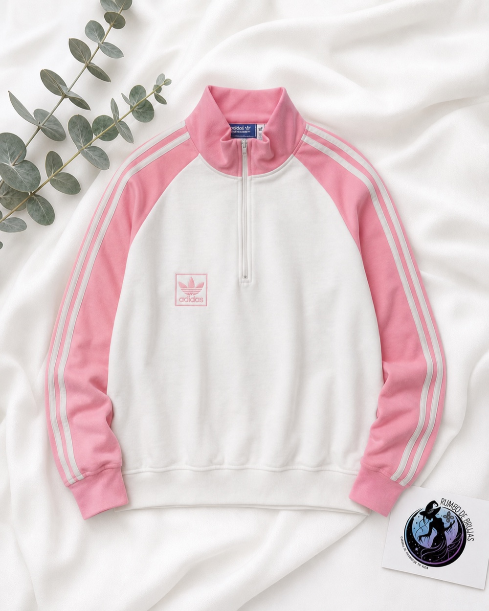 Sudadera con cremallera blanca y rosa, logotipo Adidas — Rumbo de Brujas