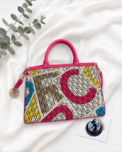 Bolso de mano estampado multicolor con asas rosas — Rumbo de Brujas