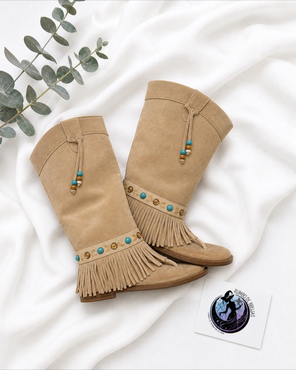 Bota western beige con flecos y piedras turquesa — Rumbo de Brujas